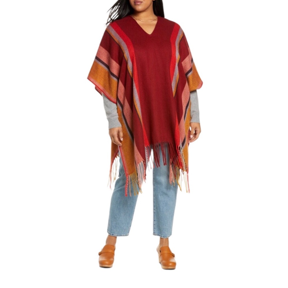 Treasure‎ & Bond V neck Short Sleeves Burgundy Stripes Combo Fringe Poncho OS